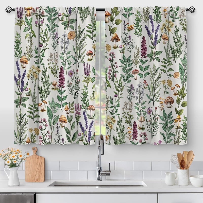 Aimego Spring Floral Kitchen Curtains - Botanical Leaf Rustic Small Short Cafe Tier Curtains for Living Room Rod Pocket Window Drapes 36 Inch Length 2 Panels Set 28"x36" - Image 1